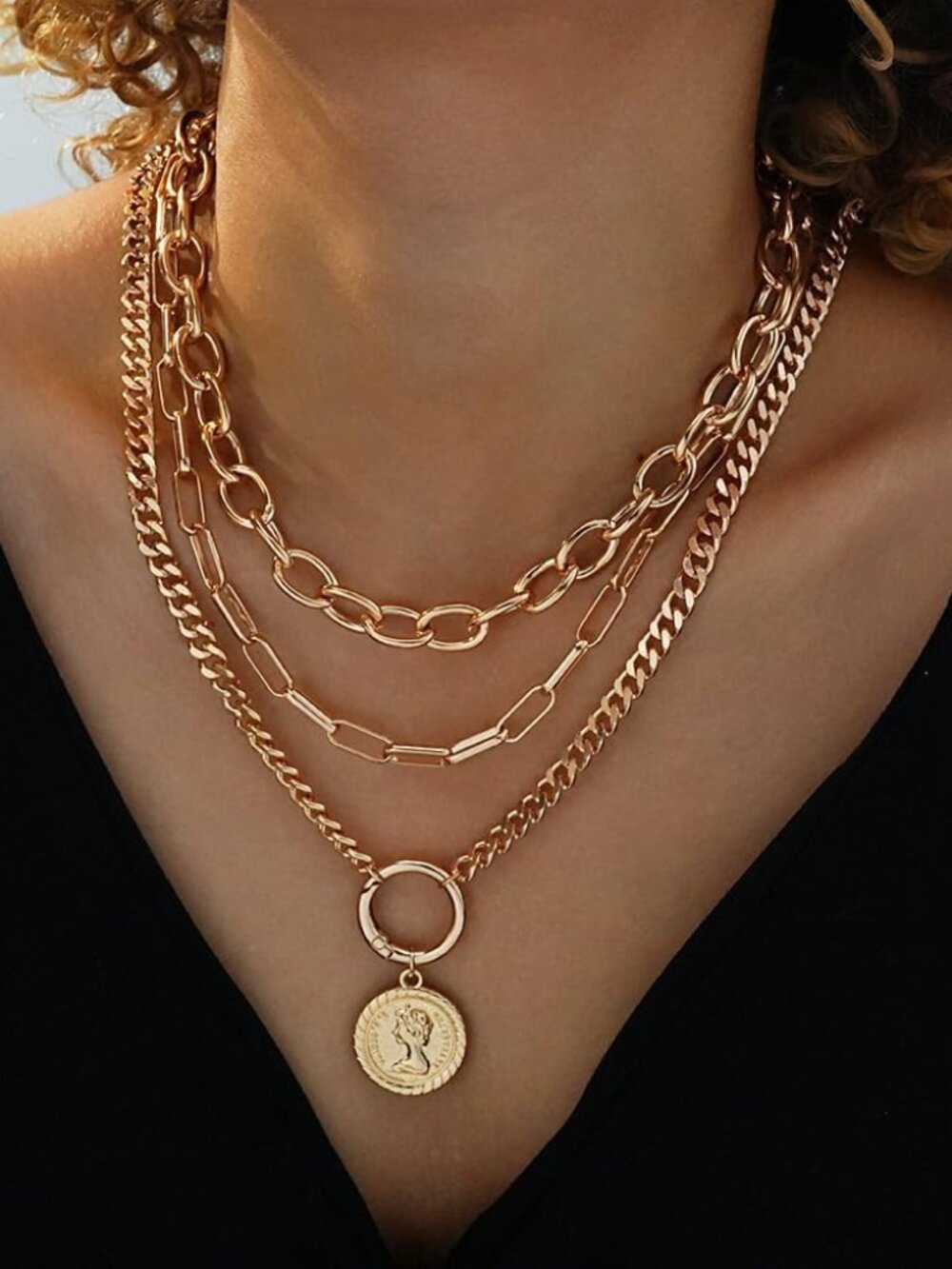 Vintage Gold Layered Necklaces for Women Trendy, Chunky Cuban Link Paperclip Cha - Picture 7 of 9